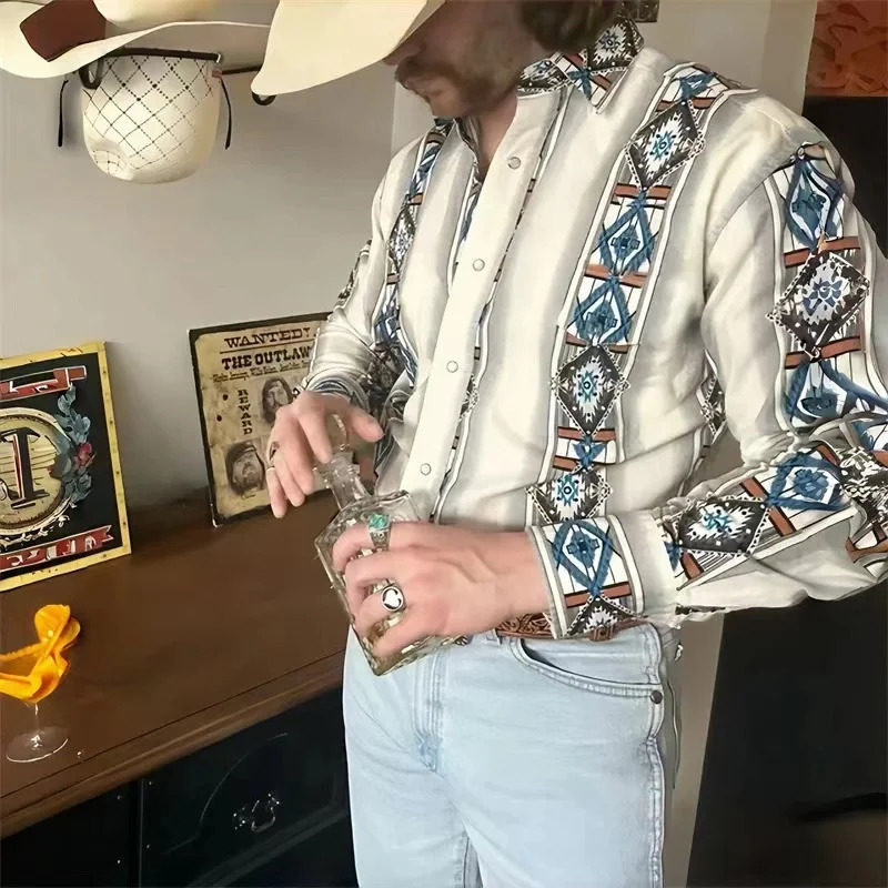 Western Horde Mens Retro Leisure Party Totem Horse HD Pattern Soft and Comfortable Horde Mens Shirt 241216