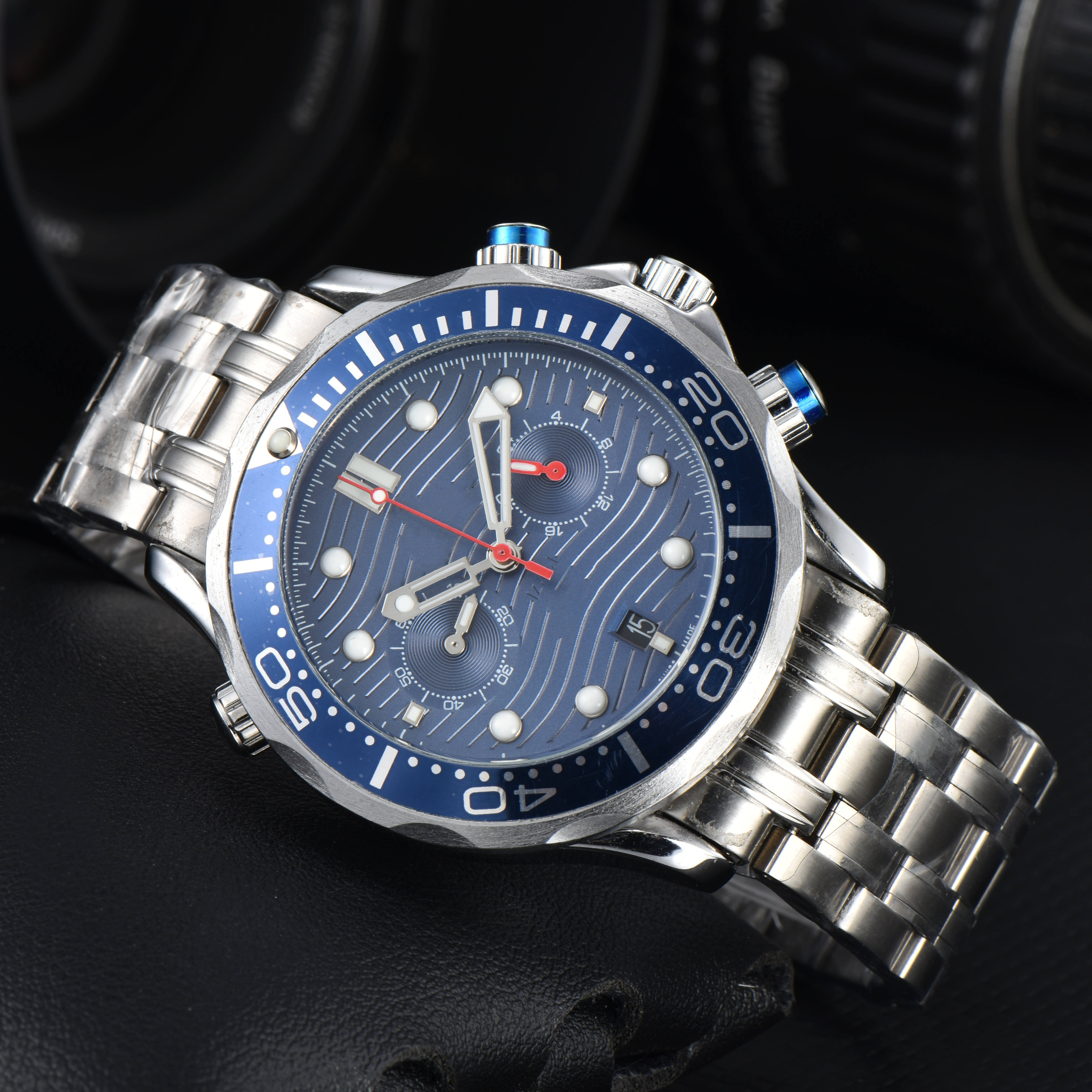 MEN OMGity Stainless steel Sapphire glass Six needles SPEEDMASTER Watch Mens Watches All Dial Work Quartz Watchs Brand Clock Men Fashion seamaster wristwatches 255