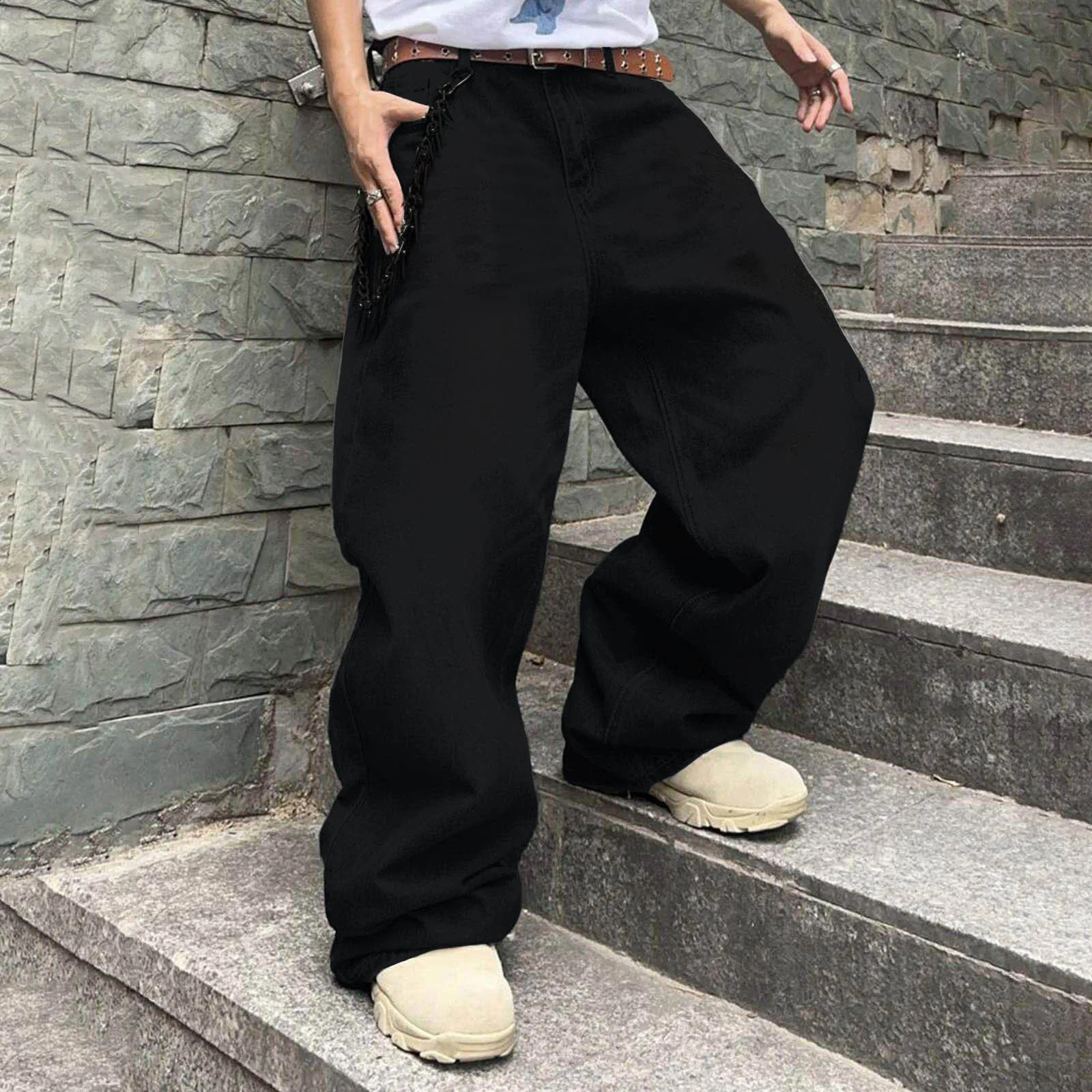 MenS Baggy Hip Hop Pants Wide Leg Denim Casual Loose Fit Long Trousers Streetwear Jeans Mens Shaped Slim Bottom 250206