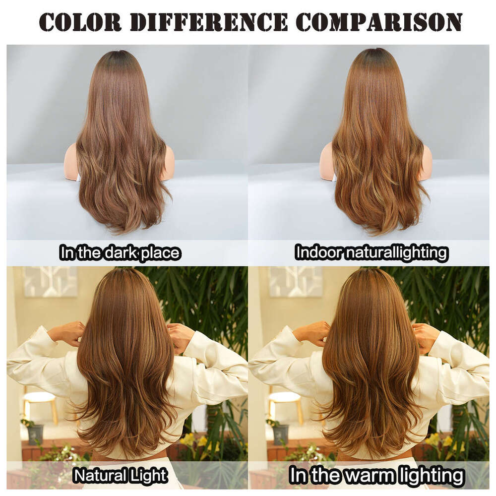 Wig Women's Full Head Set, Green Brown, Dyed Gold, Bangs, Long Curly Hair Nism, Synthetic Wig Kq9 Kq9