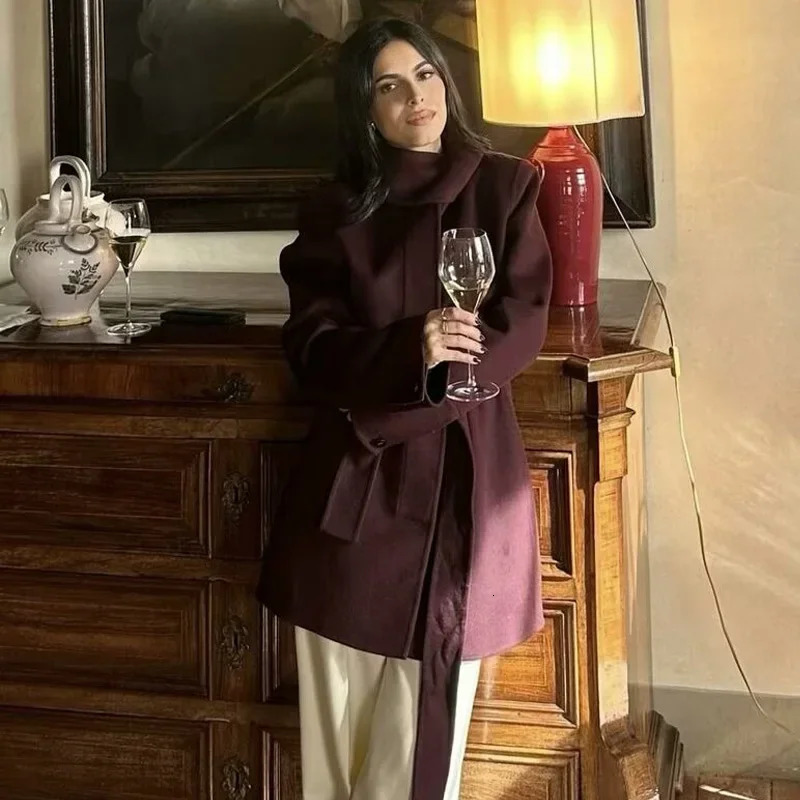 TRAF coarse tweed long coat womens Burgundy waistband sleeved wool and blend warm winter 241212Z