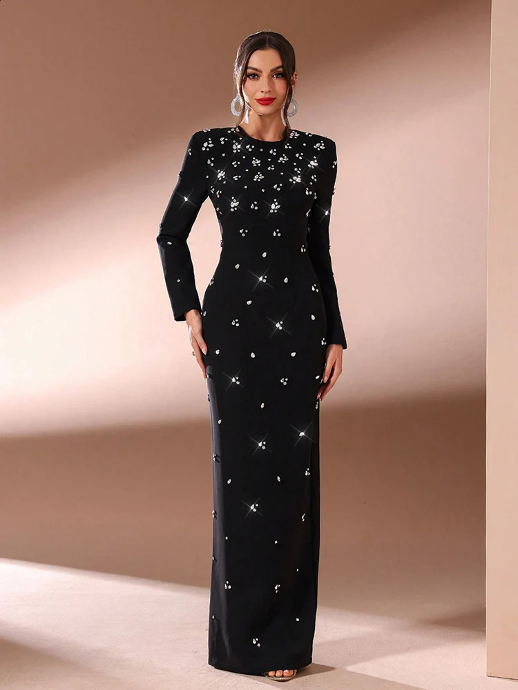 TOLEEN Women Solid Color Rhinestone Decorated Casual Long Sleeve Dress 2024 Elegant Formal Party Evening Maxi Dresses 241216