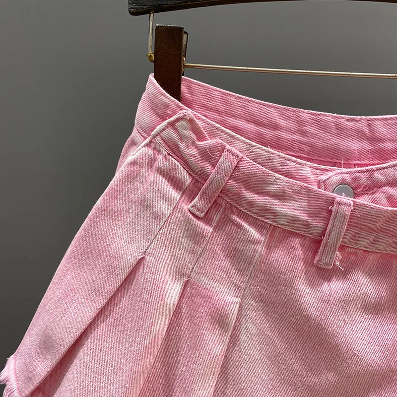 Irregular Pink Denim Skirt Women's Summer High Waist Slimming False Two-Piece A- Line Short Mini Skirt