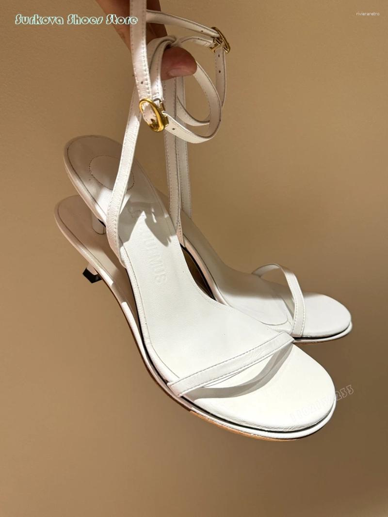 Sandals Surkova Women's Les Doubles Leather Fashion Round Open Toe Buckle Strap High Heels Summer Party Dress Strappy Stilettos