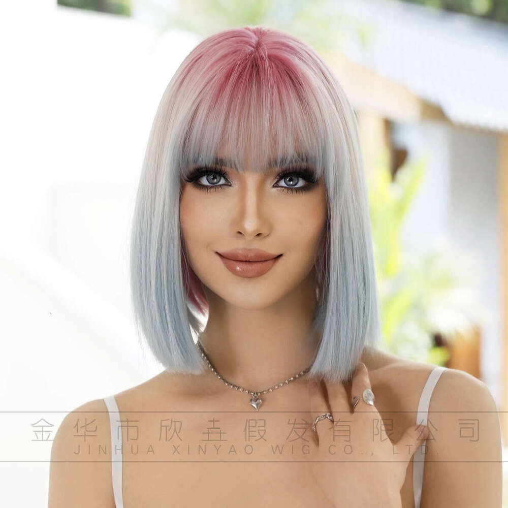 New Straight Women's Gradient Blue Air Bang Wave Short Hair Full Head Set Pink Bob Wig Kq9 Kq9