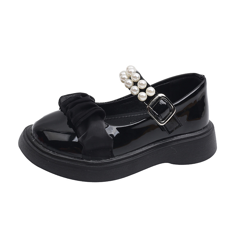 Girls Leather Kids Shoes Mary Jane Glossy Pearls and Bow Solid Color Baby Casual Princess Shoes for Children Party Wedding Flats Dress Shoes Sizes US 
