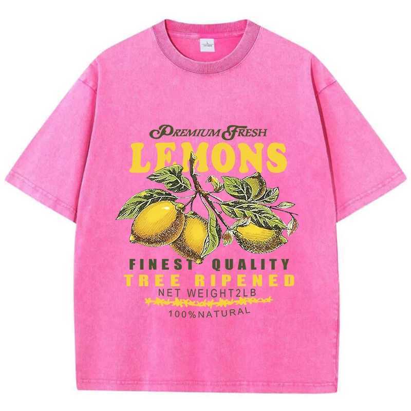 Women's T-Shirt Cotton Women Acid Wash T-Shirts Premium Fresh Lemons Printing Ts Distressed Oversize O-Neck Short Slve Casual Female Clothes Y241