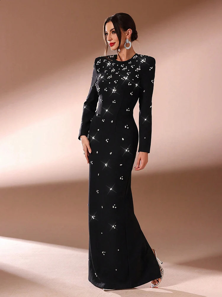 TOLEEN Women Solid Color Rhinestone Decorated Casual Long Sleeve Dress 2024 Elegant Formal Party Evening Maxi Dresses 241216