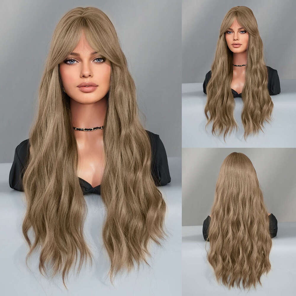 Bronze Gold Wig For Women, Fashionable Long Curly Hair With Eight Character Bangs, Big Waves, Synthetic Full Head Set, Wavy Wig Kq9 Kq9