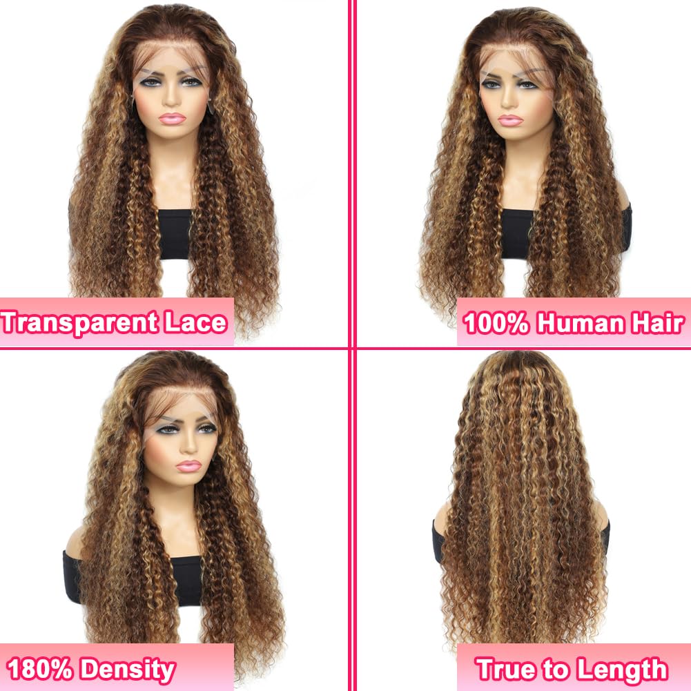 Piano Blonde Lace Hair Wig 100% Real Human Hair Wigs 30 Inch Wet And Wavy 13x4 Kinky Curly Lace Front Wigs Transparent 280 Density Glueless Body Wave 