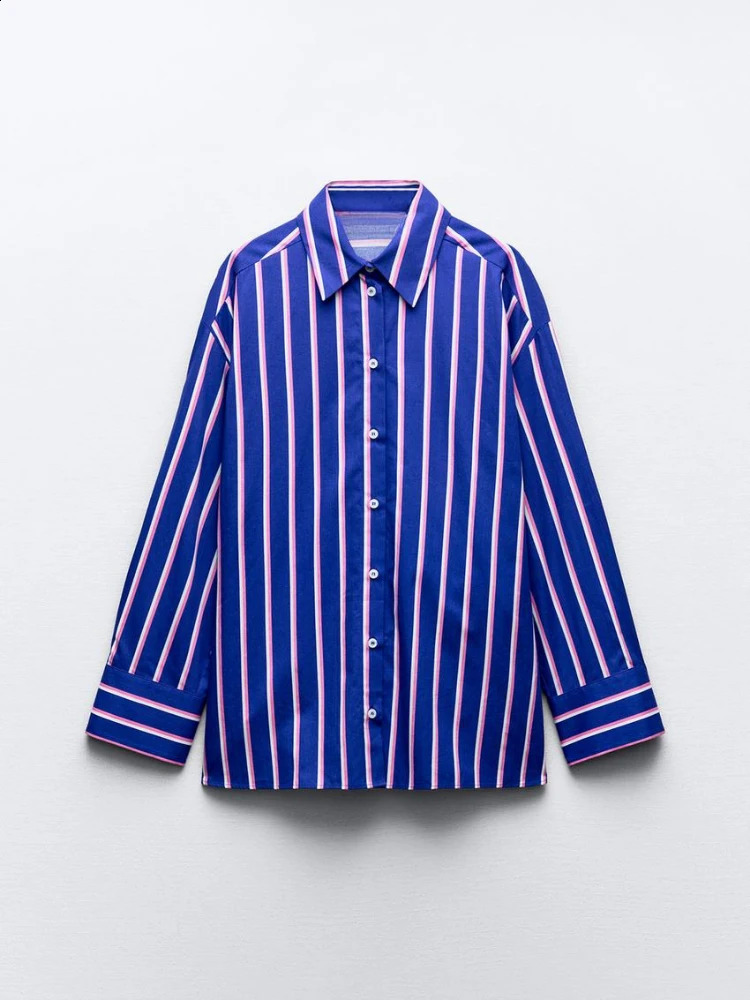 ZBZA Womens Oversized Striped Shirt Pants Suit Lapel Long Sleeves Top High Elastic Waist Pockets Straight Leg Pants Female Set 241217