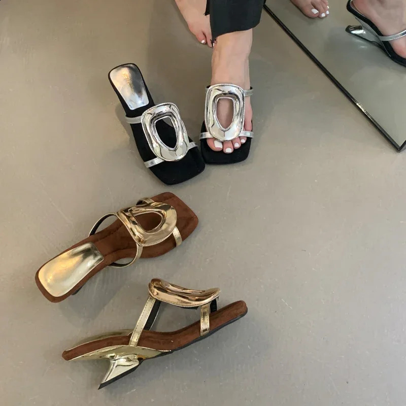 5cm Heeled Wedge Sandals Women Silver Slippers Casual Low Heel Summer Shoes Gold Metals Ladies Slippers 241216