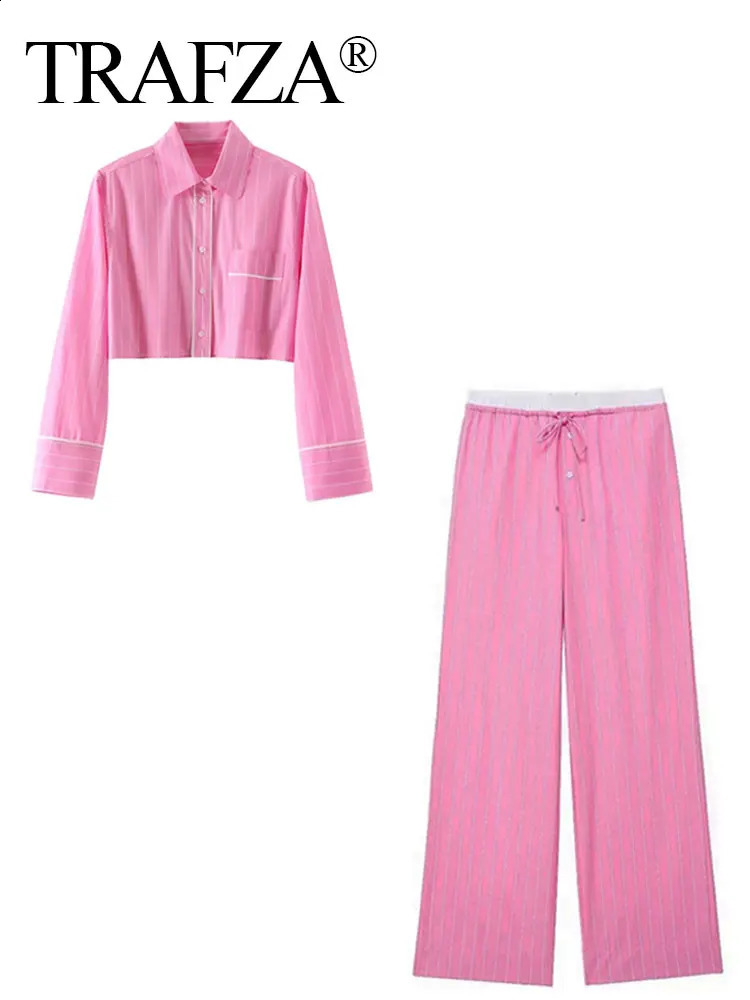 TRAFZA Women Sweet Pink Stripe Blouse Pant Sets Button Long Sleeve Cropped Shirt Patchwork Drawstring Straight Trousers TRAF 241217