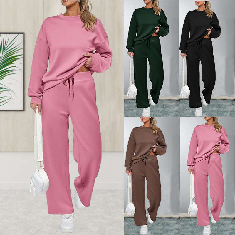 European American Knitted Women's Two-Piece Long Sleeved Top And Casual Wide Leg Pocket Pants Set