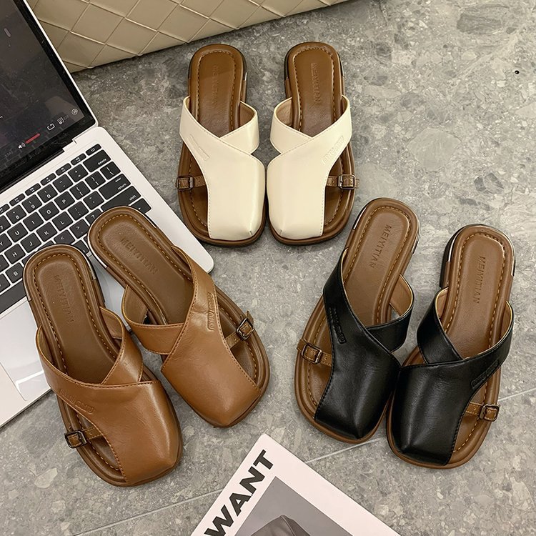 Women Fashion Slippers French Style Flat Bottom Retro Closed Toe Casual Beach Sandals Fashion Triple Black Beige Brown Free shipping