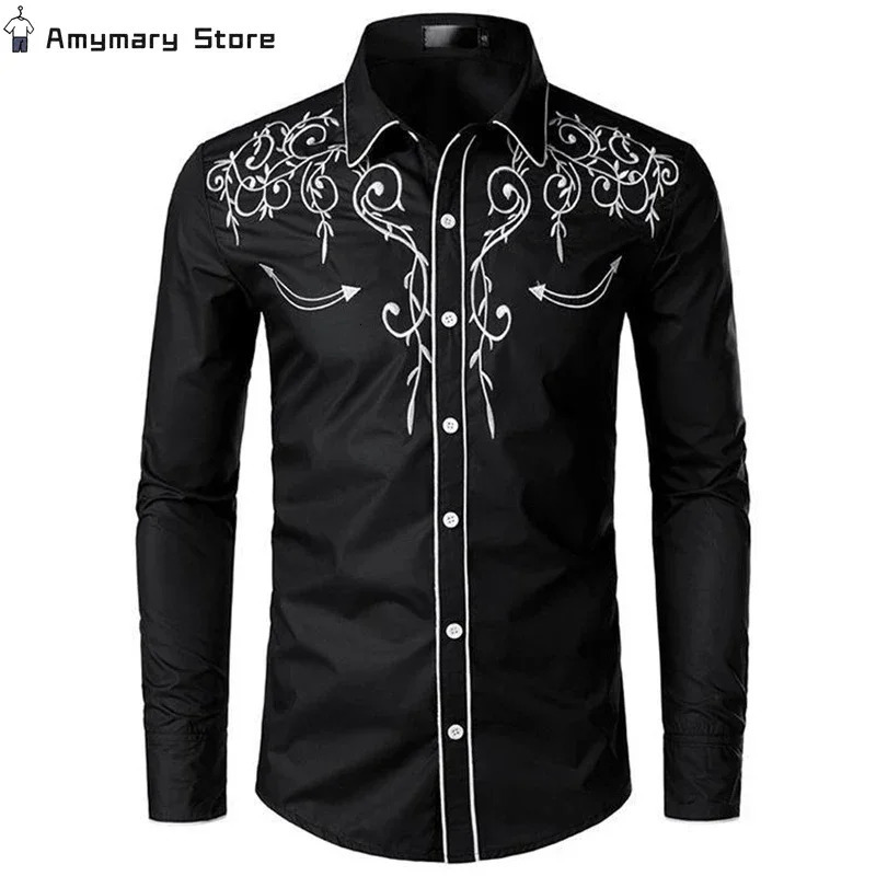 mens retro embroidered shirt Western denim long sleeved slim fit shirt Fashion casual button up party business shirt 241216