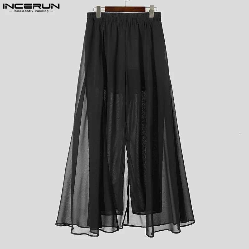 INCERUN American Style See Through Gauze Pants Mens Casual Solid Color Two Piece Set Simple Gauze Bottom 241216