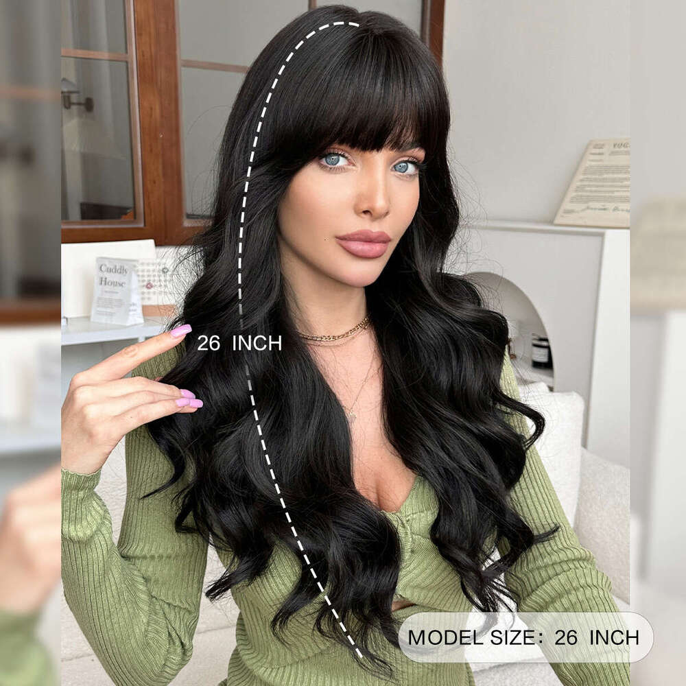 Female Natural Black Long Curly Hair With Big Waves And Bangs, Full Head Set, Synthetic Wig Kq9 Kq9
