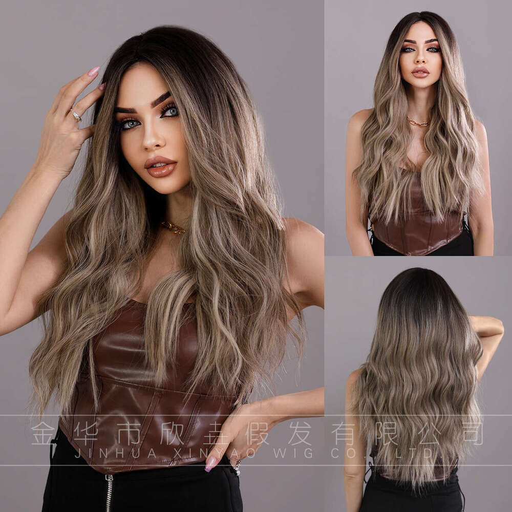 Wig For Women, Long Curly Hair, Wavy Wig, Gray Gold Mixed Color, Dyed Brown Synthetic Full Top Hair Cover Kq9 Kq9
