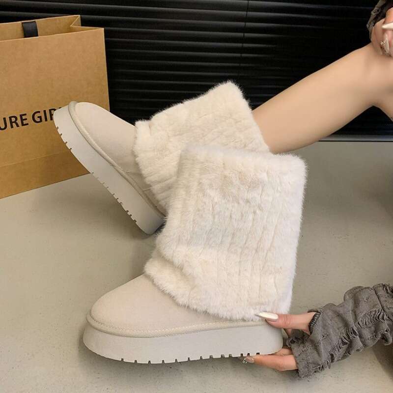 2024 Winter New Fashion Furry Hem Wedge Non-slip High Womens Outdoor Warm and Comfortable One-foot Snow Boots