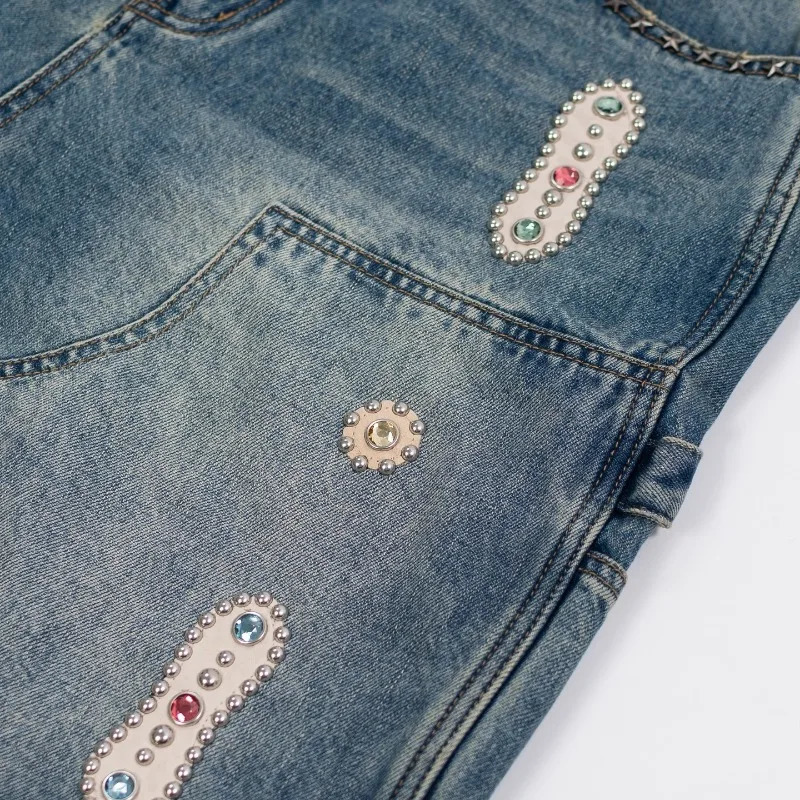 Y2k American high waisted jeans trend fashionable border denim shorts mens Harajuku hiphop street style pocket wide leg pants 241211