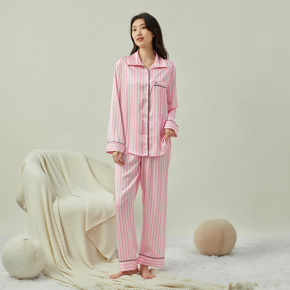 Autumn 2 Pieces Faux Silk Striped Pyjama Women's Pamas Sleepwear Sets Spring Summer Homewear 220321