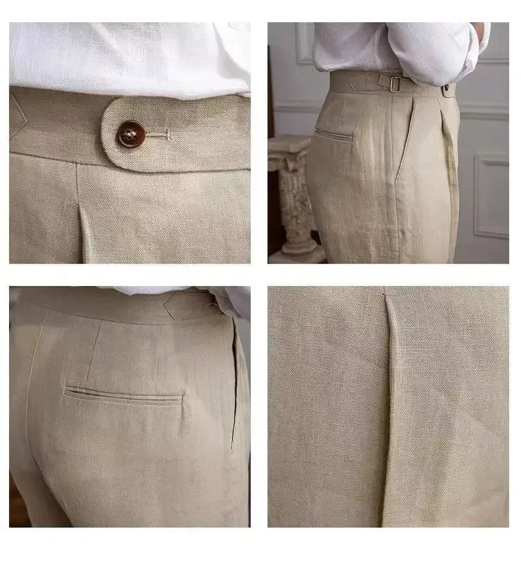 100% linen Italian Naples mens pants high waisted straight suit mens style mens style spring and summer fashion lightweight and breathable casual pant