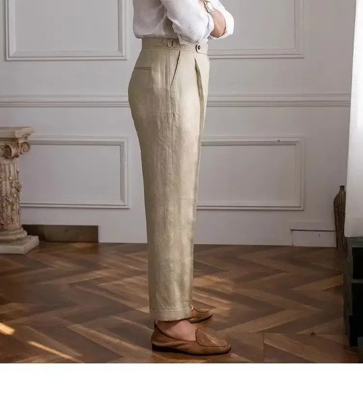 100% linen Italian Naples mens pants high waisted straight suit mens style mens style spring and summer fashion lightweight and breathable casual pant