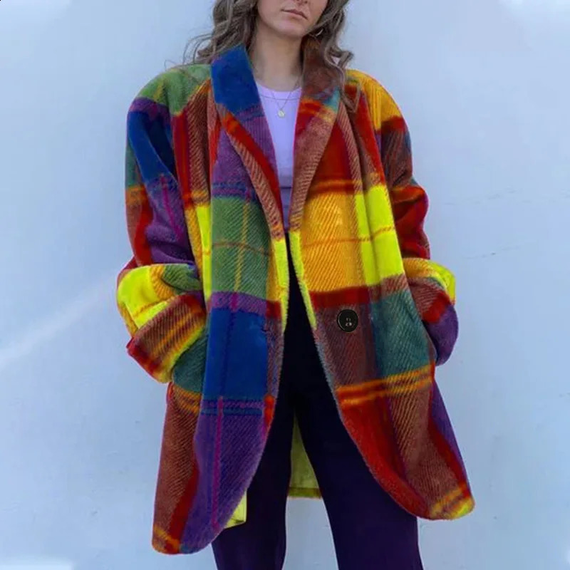 Autumn Female Plaid Print Woolen Coat Single Button Lapel Jacket Cardigan Winter Long Sleeve Pocket Women Outwear 241214 - view 3
