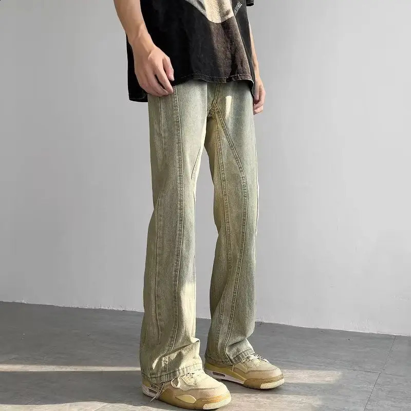 High Street Vibe Washed Vintage Jeans for Men Ins Trendy Versatile Straight Leg Wide Leg Yellow Mud Dyed Pants 241217