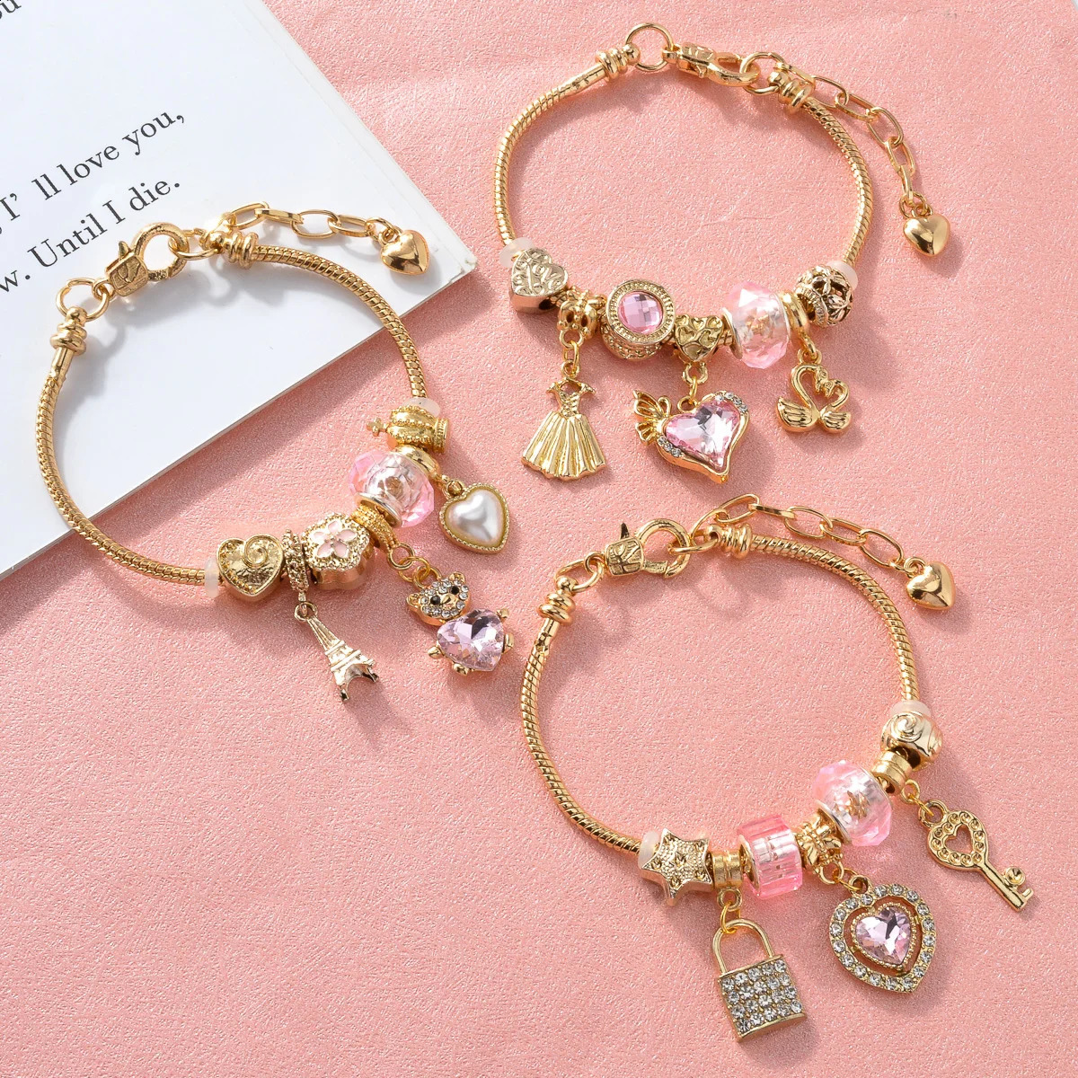 Premium Stainless Steel Charms Bracelet For Women Y2K Glazed Gem Beads Key Lock Love Hanging bracelet Gifts 241216