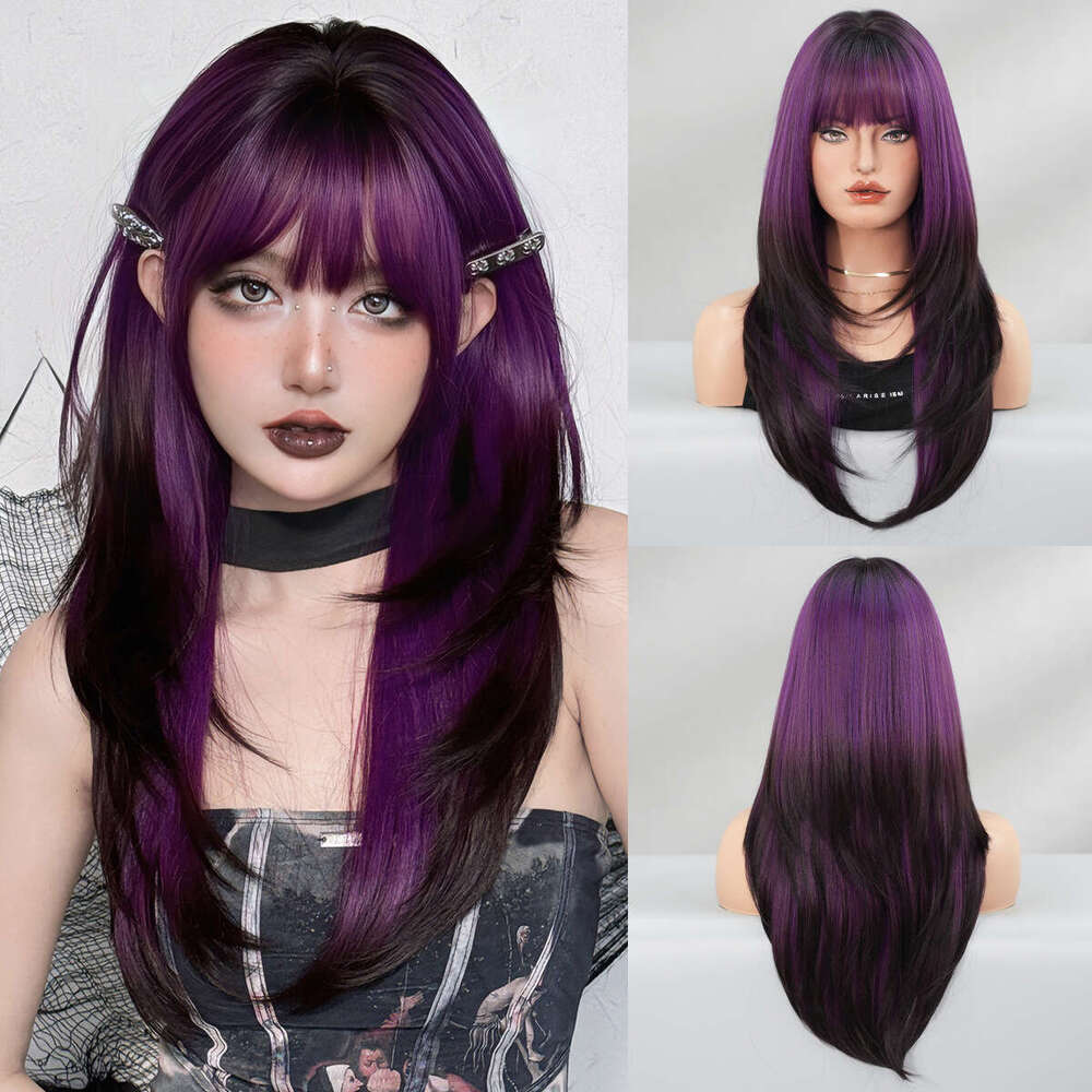 Ladies' Party Siamese Cat Sier White Gradient Black Long Straight High Level Wig Full Headset Kq9 Kq9