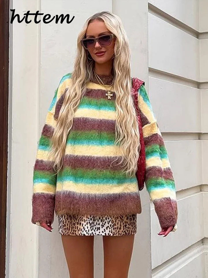Retro womens colorful striped Mohair sweater loose contrast Oneck long sleeved floral 2024 autumn casual streetwear 241211