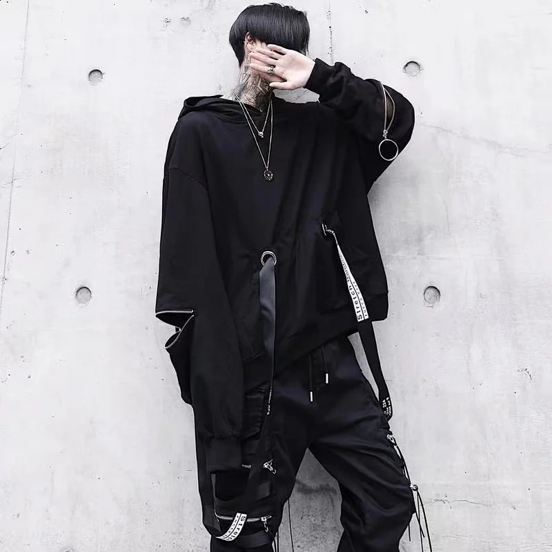 Mens Sets Black HoodiesPants Punk Graphic Zipper Hooded Sweatshirts Cargo Pant Men Oversized Loose Streetwear Suits 241217