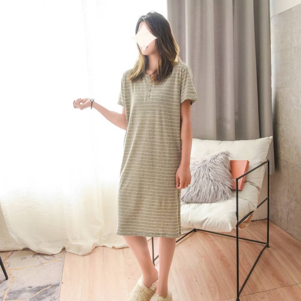 B510-Unprinted color spinning quality Tianzhu cotton knitted striped pajamas home dress wholesale ladies short-sleeved nightdress pure cotton female