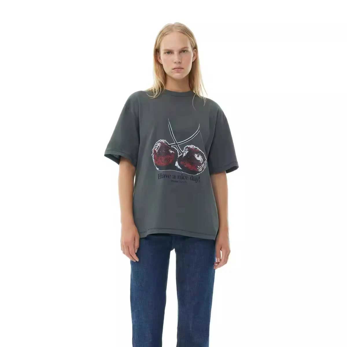 Women's T-Shirt 2025 New Spring/summer T-shirt Cherry Print Casual Boudoir Wear Round Neck Loose Short-slved T-shirt Y241212G1V2