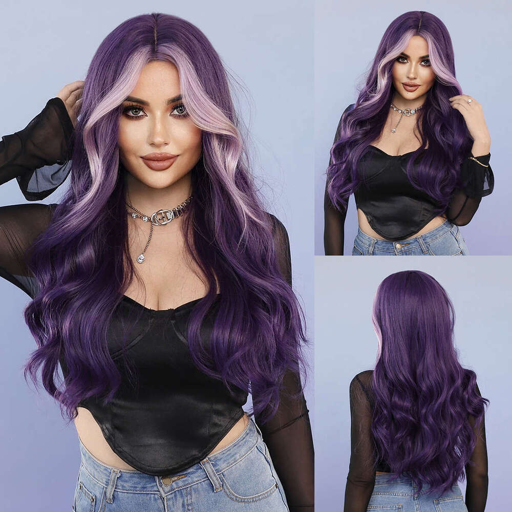 Women's Large Wave With Dyed Long Curly Hair Roland Purple Synthetic Nism Full Head Cover Wavy Wig Kq9 Kq9