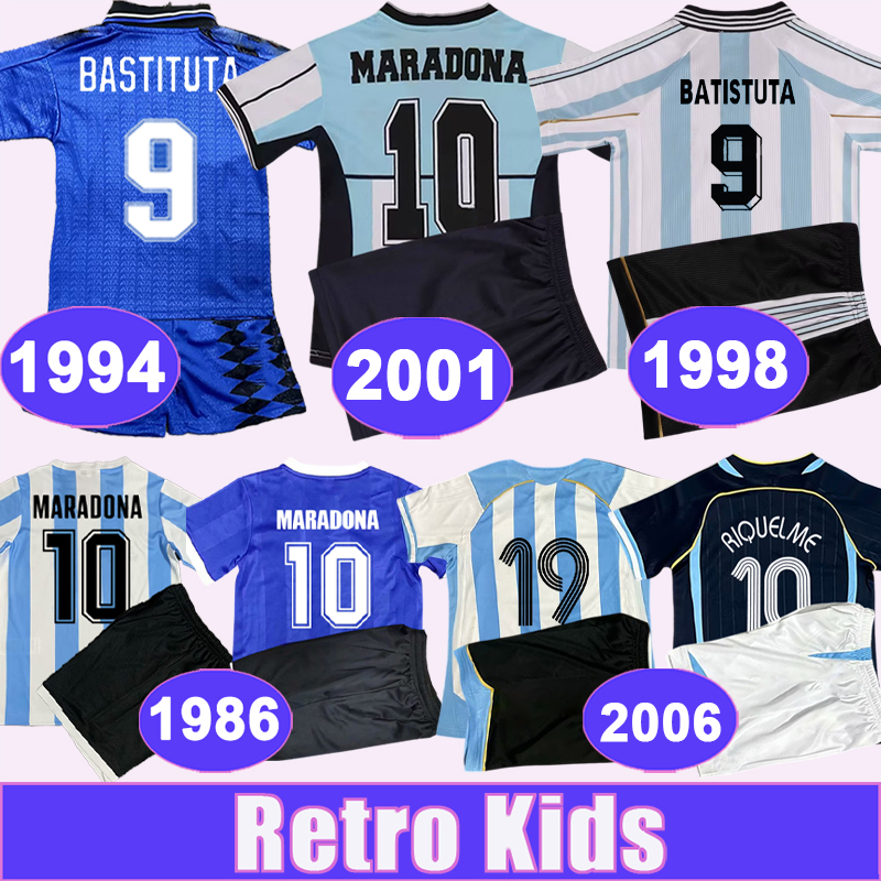 1994 BATISTUTA Kids Kit Retro Soccer Jerseys 1986 2001 MARADONA Home Away Commemorate Blue White Vintage Football Shirts Short Sleeve Uniforms