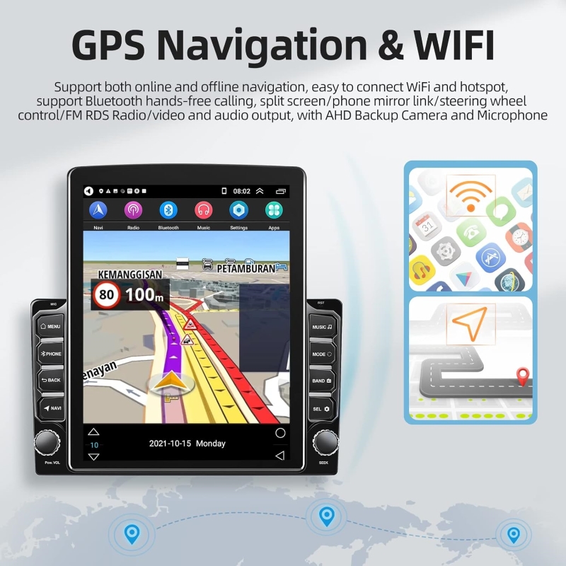 Universal 10 Inch Stereo 2.5D Vertical Screen With Carplay Android Auto Mirror Link 2G+32G 8 Leds Backup Camera All-in-one Car GPS Navigation System