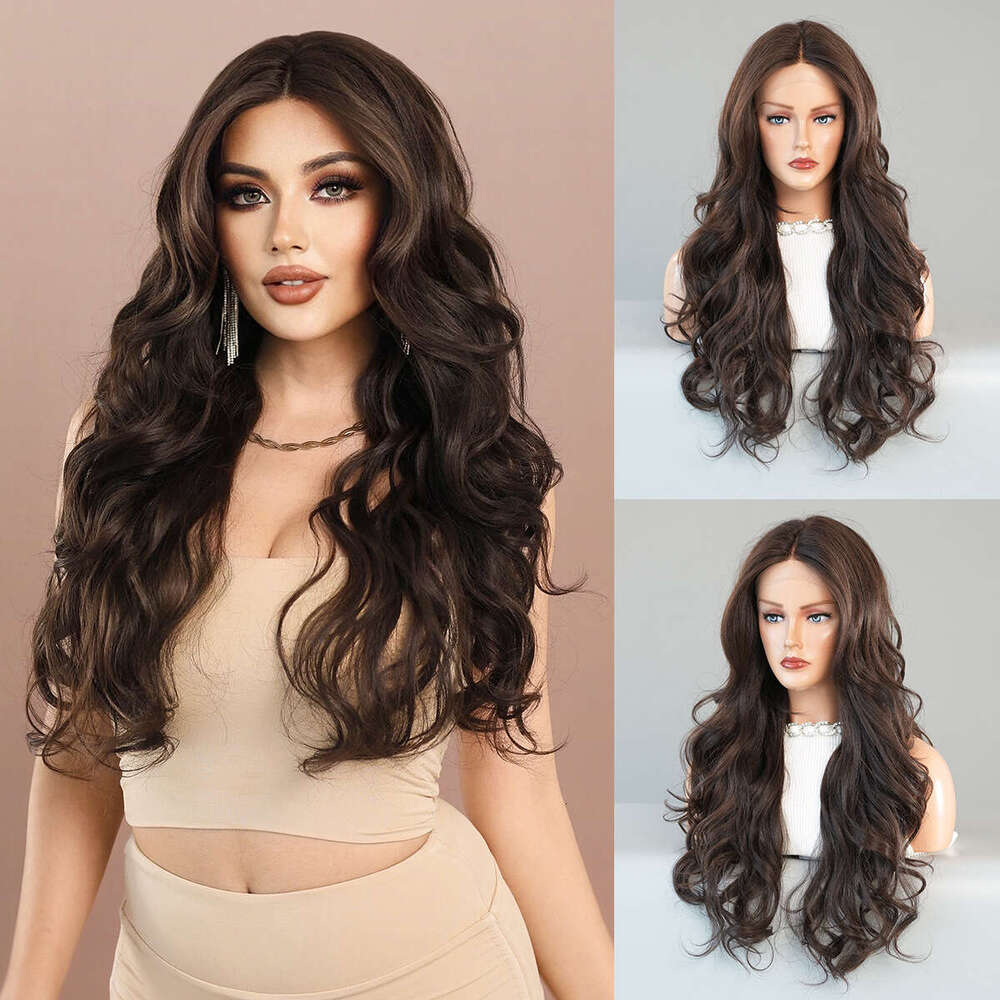 Small T Lace Wig For Women, Black Tea Color, Big Waves, Long Curly Hair, Synthetic Hair T-Part Lace Wig Kq9 Kq9