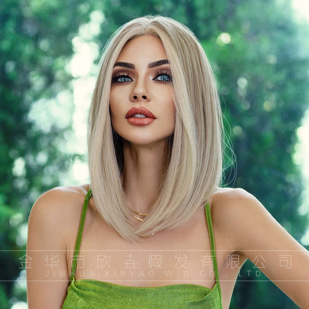 Hand Woven Small Lace Wig, Women's Gold Shoulder Length Straight Hair With Fetal Hair, Bangs Dyed Synthetic Bob Wig Kq9 Kq9