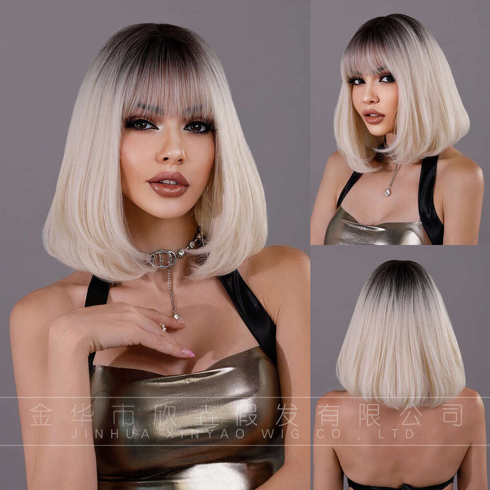 Wig Female Bob White Gold Straight Inner Buckle Soft Synthetic Bobo Short Hair Set Kq9 Kq9