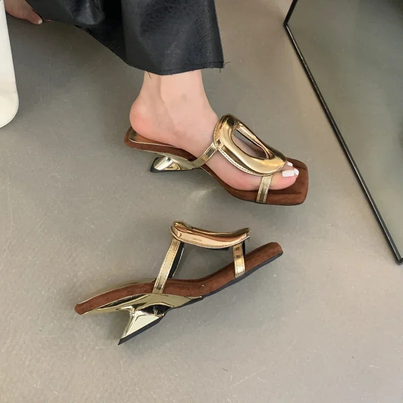 5cm Heeled Wedge Sandals Women Silver Slippers Casual Low Heel Summer Shoes Gold Metals Ladies Slippers 241216