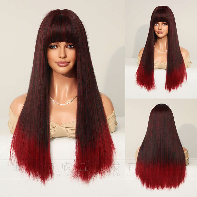 Attention To Ordering - Wig Straight Style Black Gradient Red Long Curly Hair Wig Headband Full Top 24 Inches Kq9 Kq9