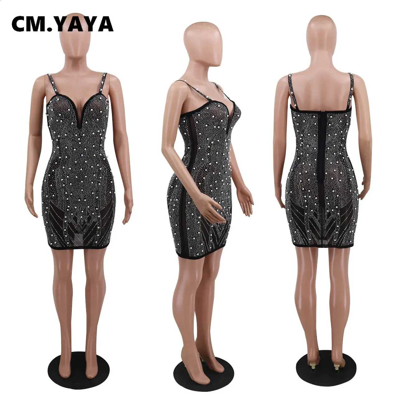 CM.YAYA Women Diamonds Rhinestones Spaghetti Strap V-neck Bodycon Midi Mini Dress Evening Sexy Party Club Dresses 241216