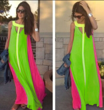 Fashion Summer Boho Maxi Dresses Bright Color Patchwork Casual Dresses Sleeveless Sundress