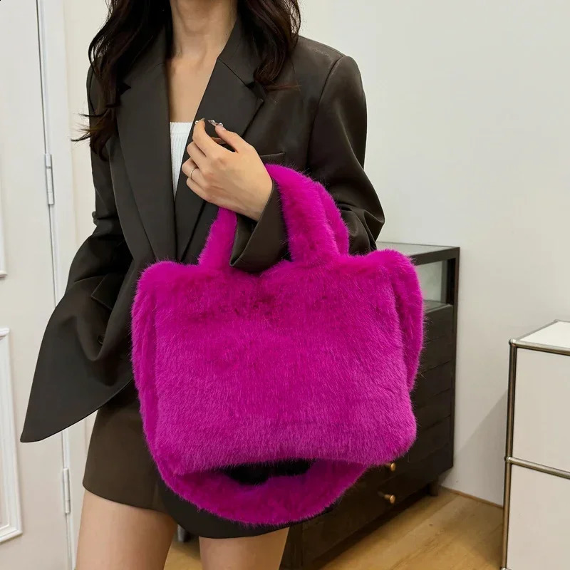 Sft Fluffy Faux Fur Tote Bag for Women Winter Large Capacity Solid Color Handbag Long Plush Strap Crossbody Bag 241216