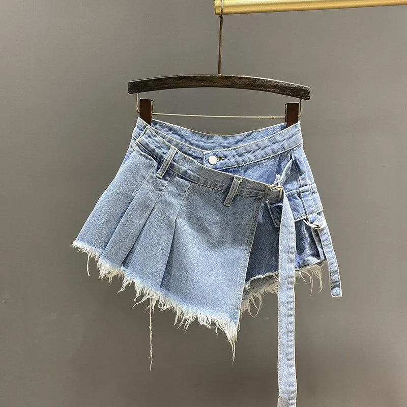 Irregular Pink Denim Skirt Women's Summer High Waist Slimming False Two-Piece A- Line Short Mini Skirt