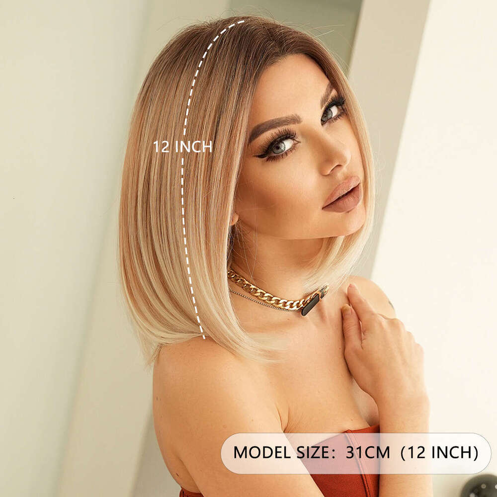 Gradient Gold Front French Bob Women's Hair Seam Lace Short Straight Fiber Wig Kq9 Kq9