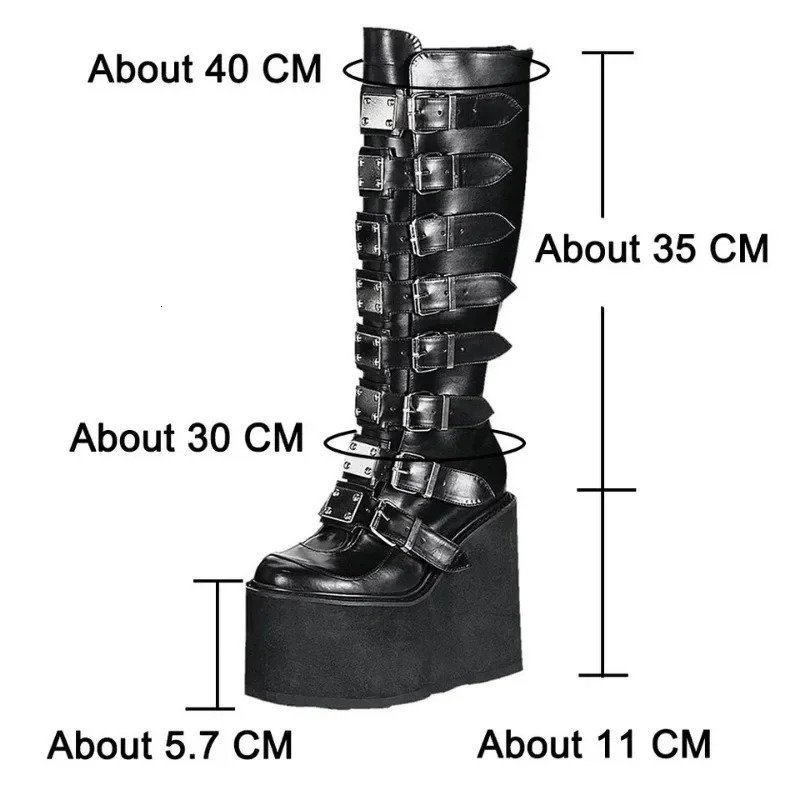 Punk Cosplay Ladies Heel Platform Wedges Women High Gothic Buckle Strap Long Tube Leather Female Boots